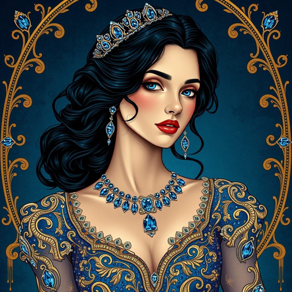 Regal Sapphire Goddess in Art Nouveau Opulence