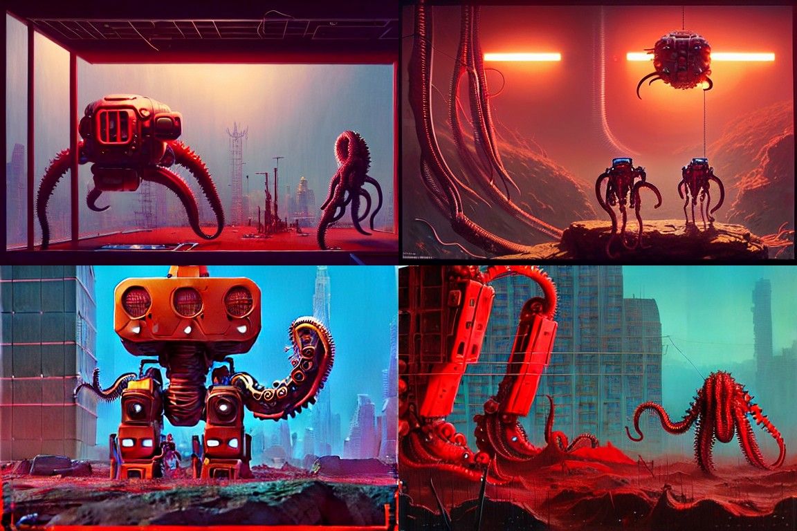 Biopunk Robot Diorama with Tentacles, Digital Illustration
