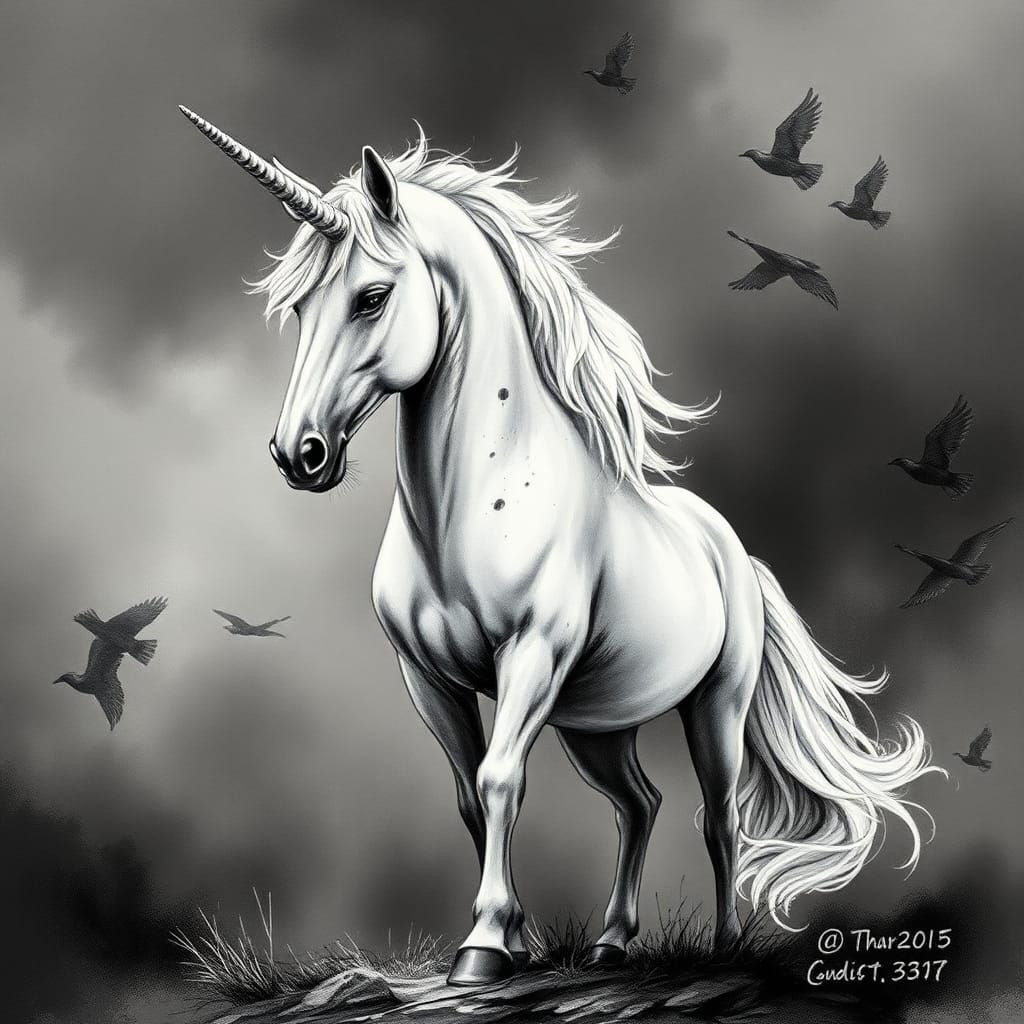 Majestic Unicorn in Black and White Ink