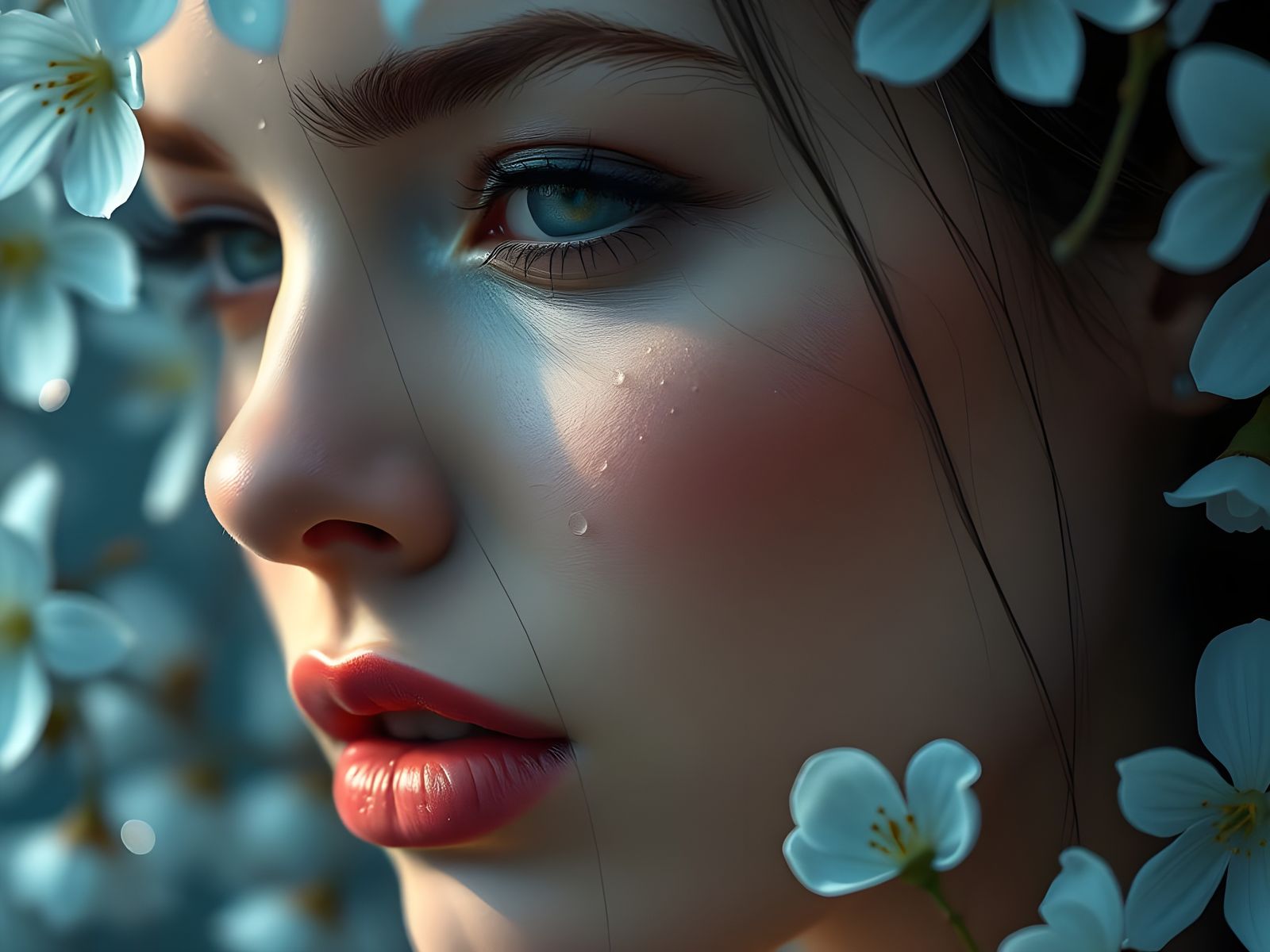 Hyperrealistic Botanical Masterpiece with Pale Blue Bells an...