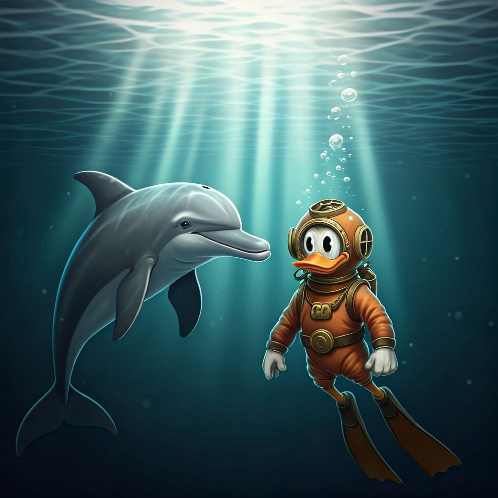Cartoon Duck Diver and Dolphin in Vintage Style