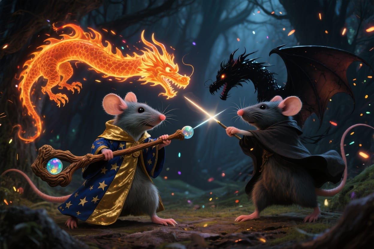 Wizard Mice Duel with Fire and Ink Dragons