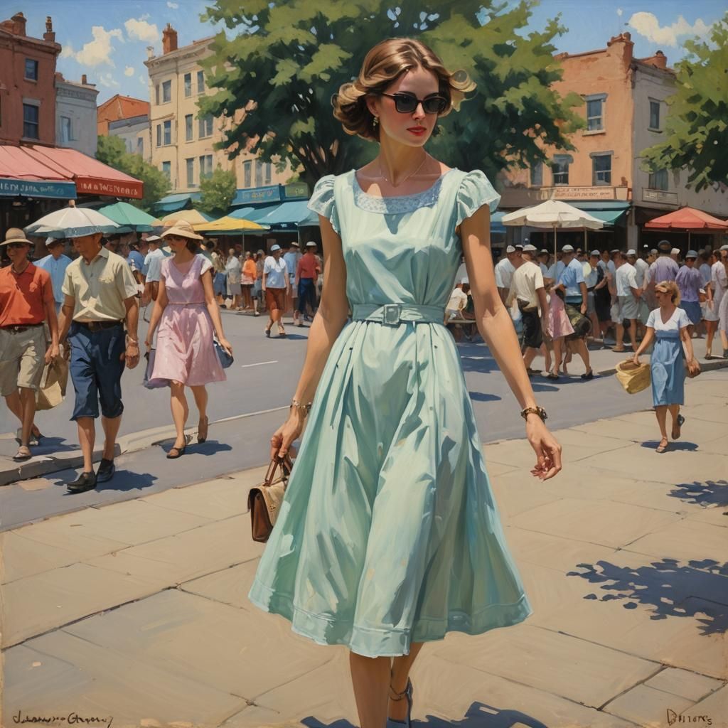 Woman in Pastel Dress, Oil Painting Style