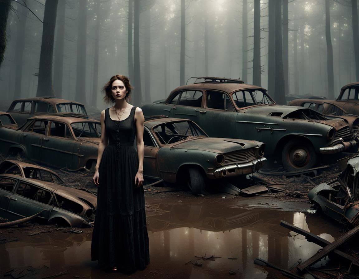 Eerie Forest Scene with Woman in Black Dress
