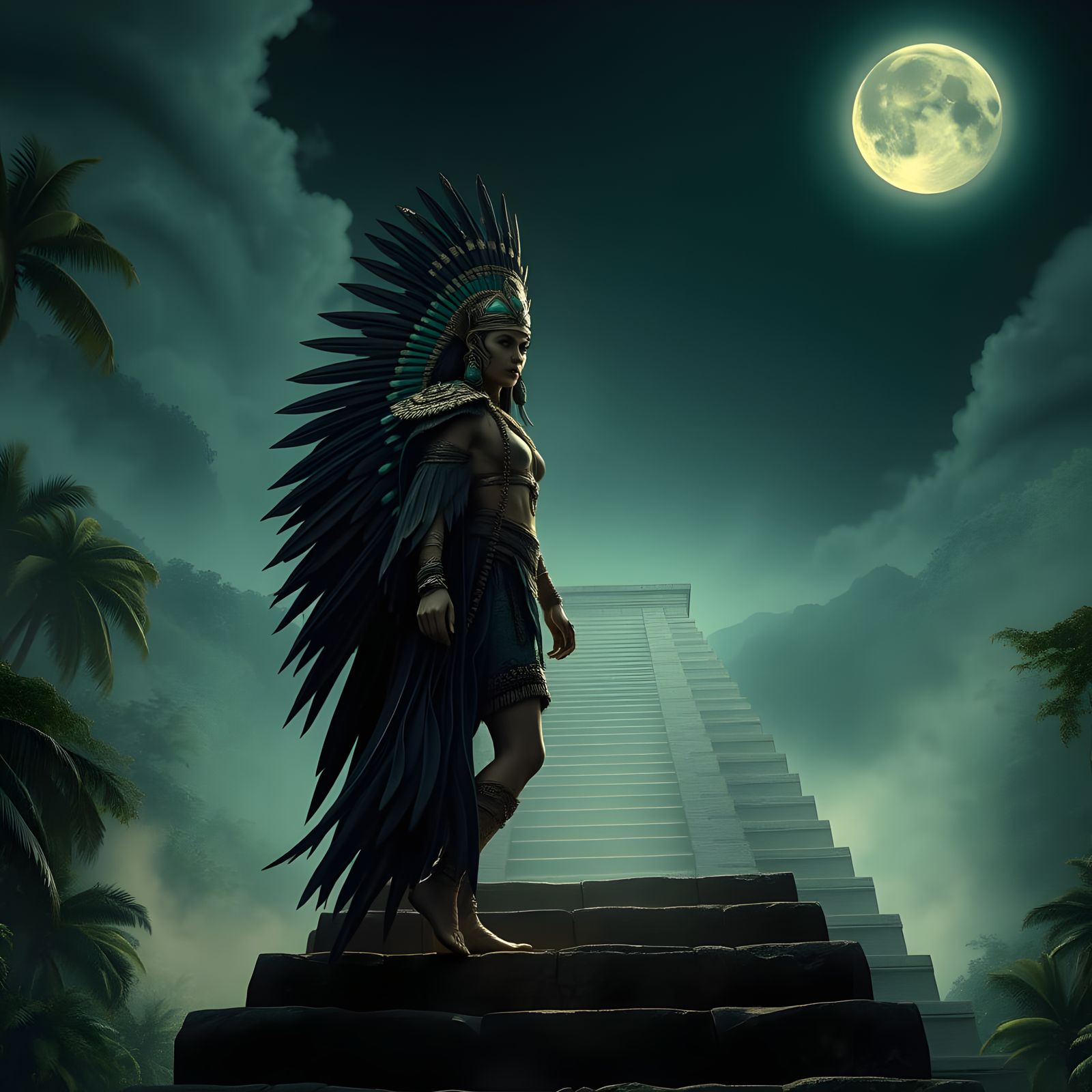 Aztec Warrior Goddess Under Eclipsed Moon