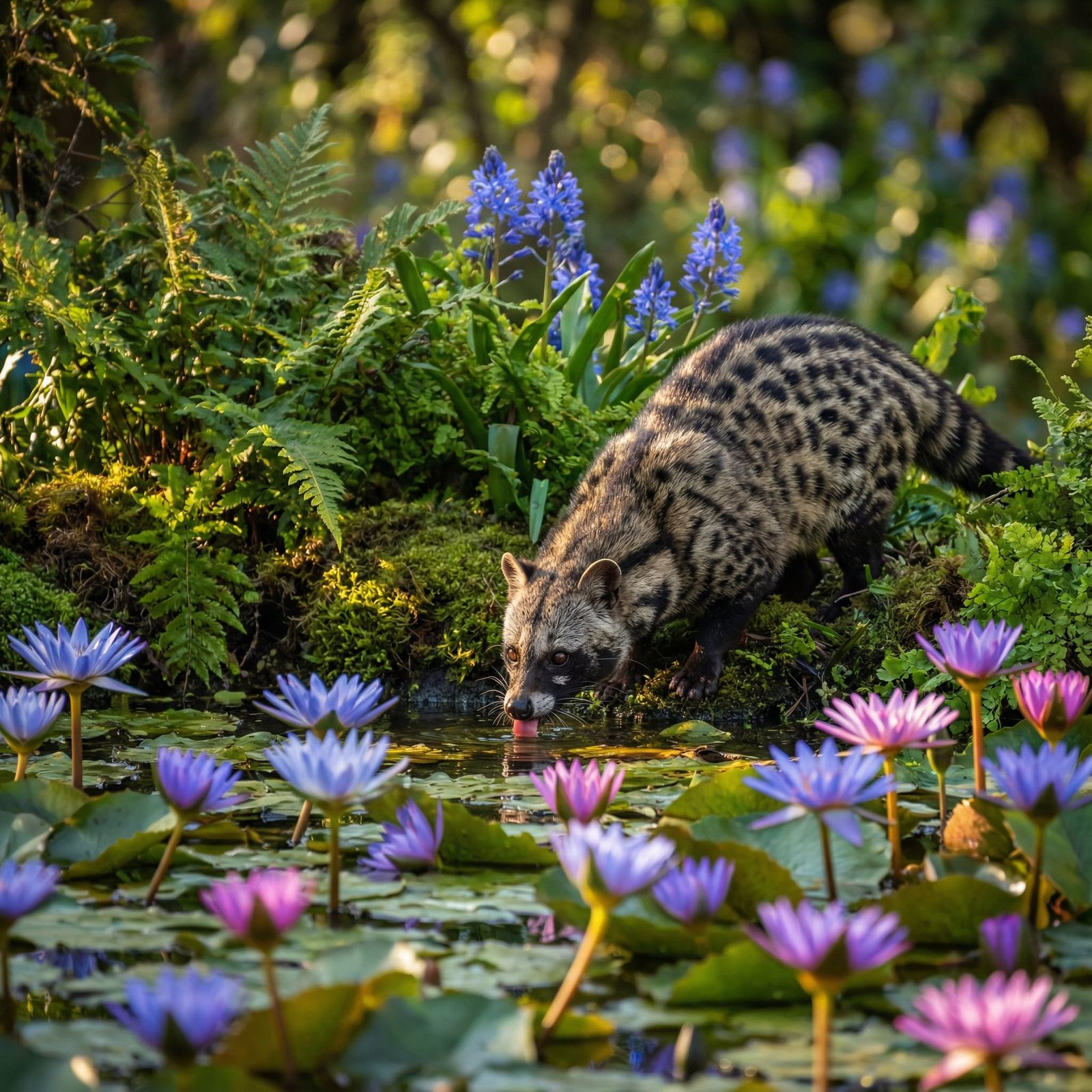 African Civet Drinks From Lily Pond in Golden Hour