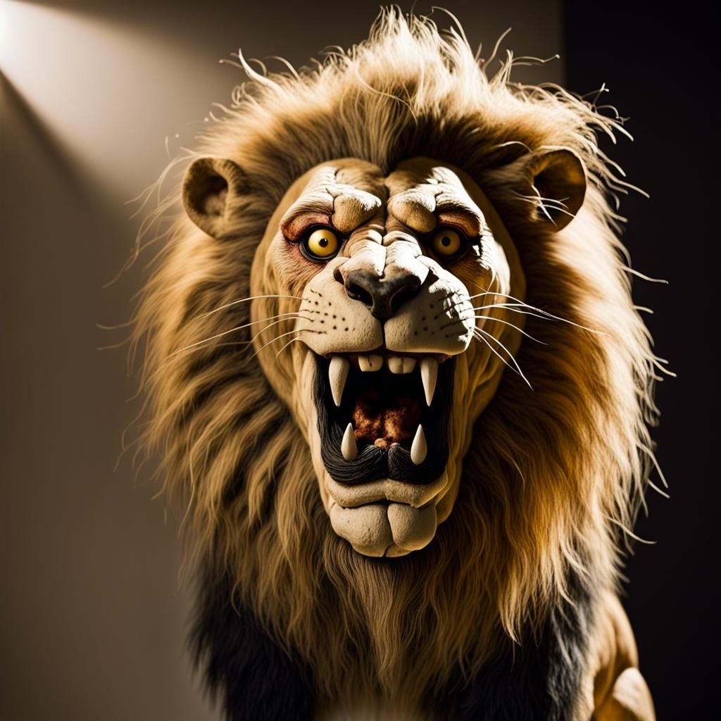 Grotesque Taxidermy Lion Portrait in Dramatic Lighting
