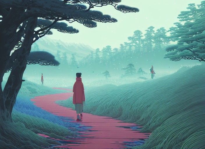 Ukiyo-e Forest Path Digital Illustration