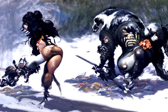 Fantasy Warrior Woman Confronts Gorilla-Ork
