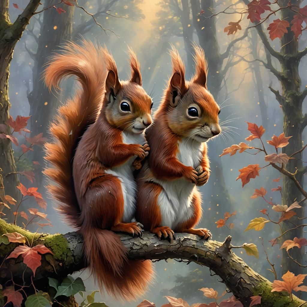 Red Squirrel Cuddling in Ethereal Fantasy Style