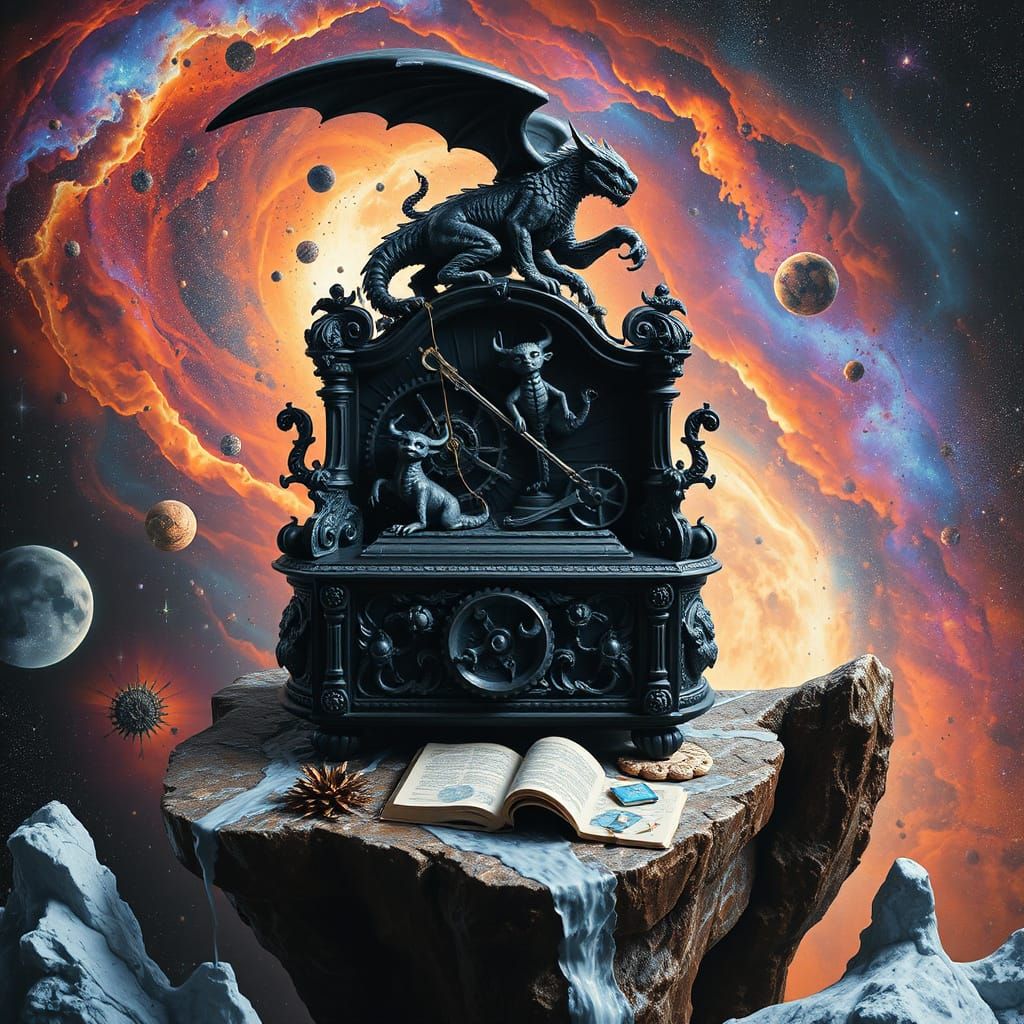 Obsidian Music Box Amidst Swirling Nebula