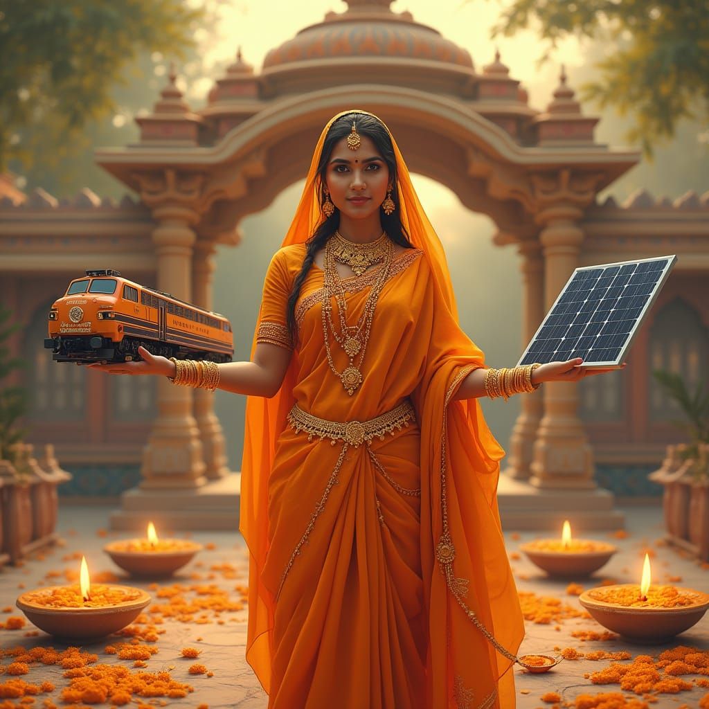 Traditional Indian Woman Embracing Modernity in a Golden Lig...