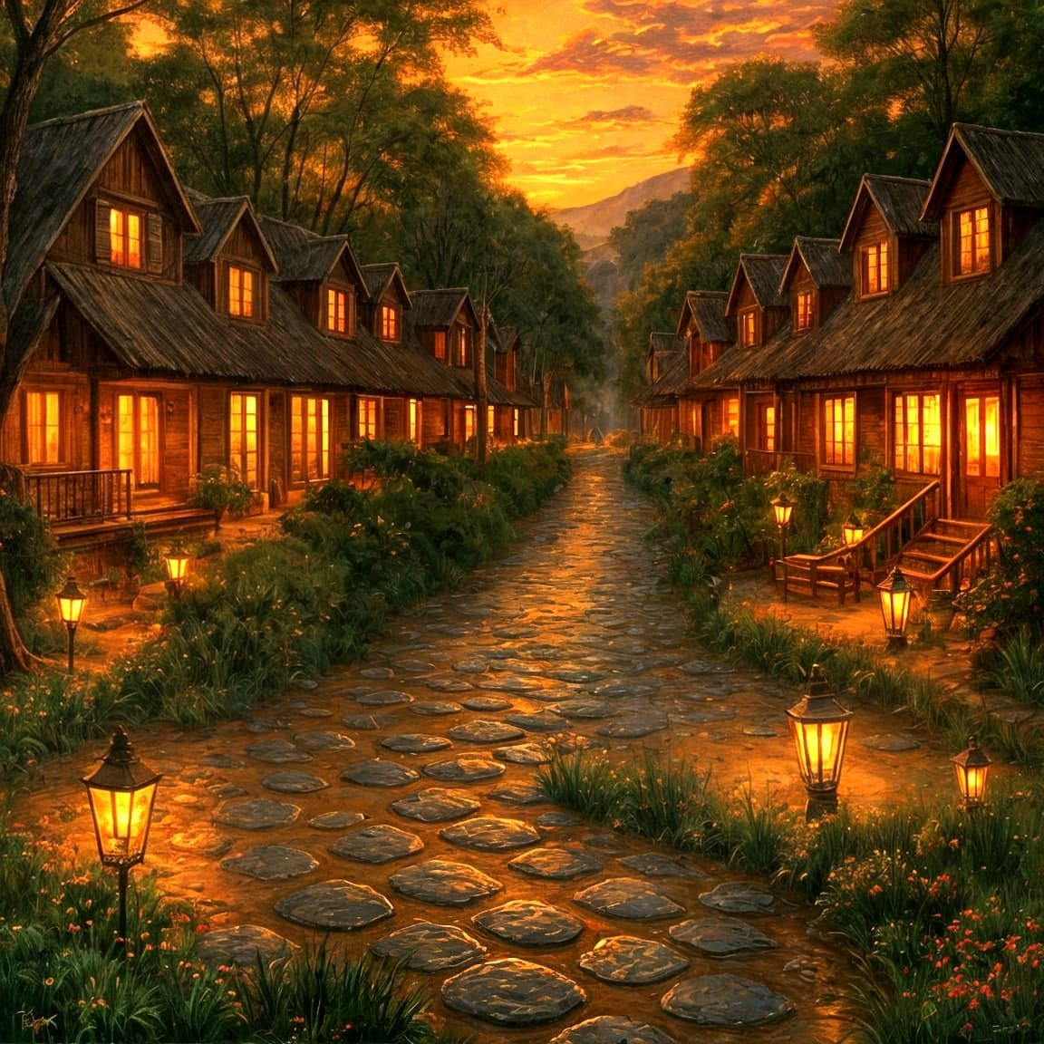 Vintage Wax Painting of a Sunset Landscape