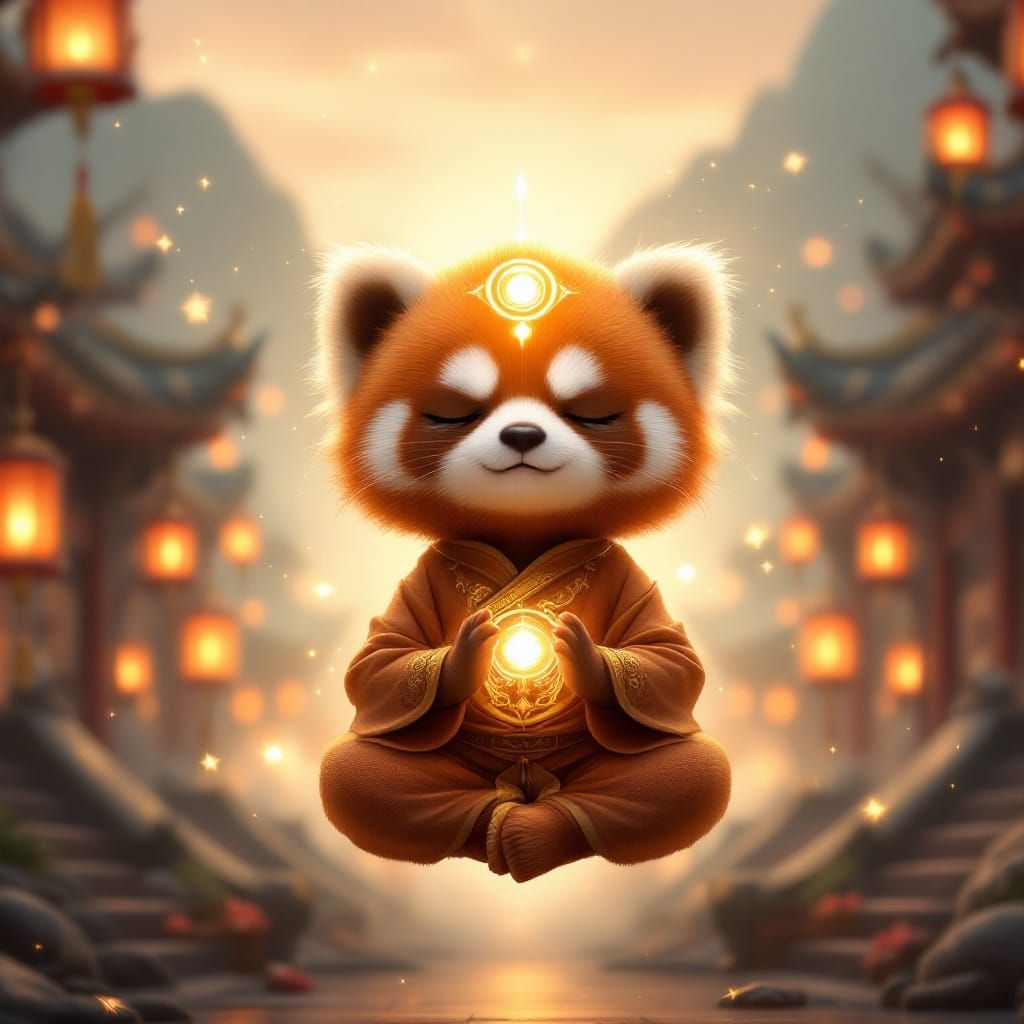 Mystical Red Panda Monk in Eastern Temple Backdrop
