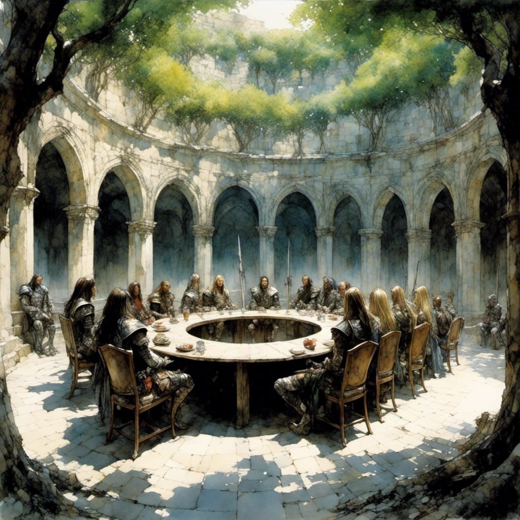 Elven Council Planning War in Gothic Courtyard