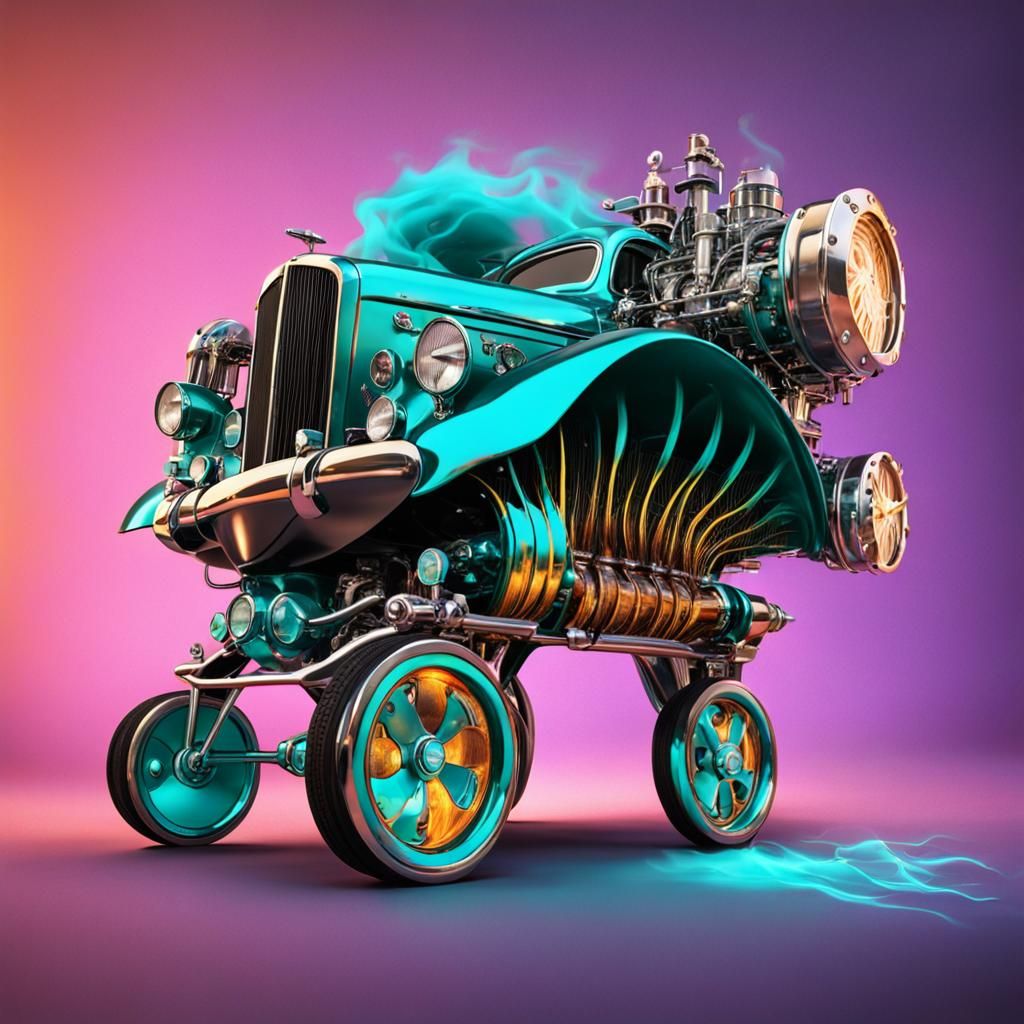 Turquoise Camero with Steampunk Engine and Flames