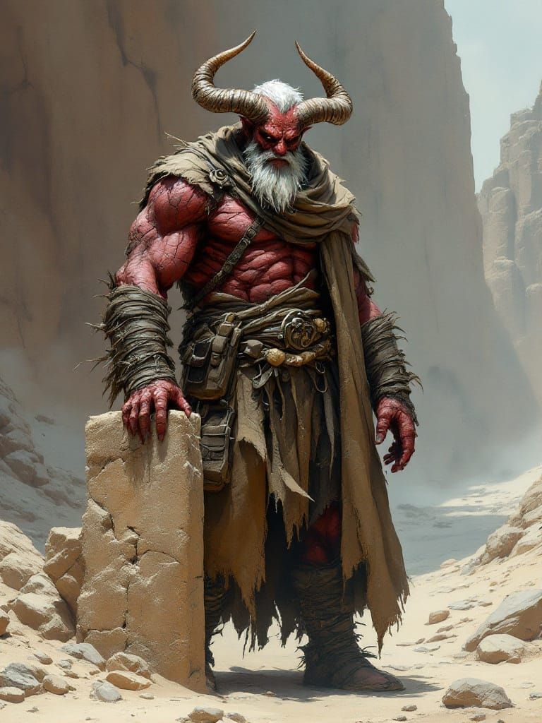 Red Titan in Ruined Landscape, Gouache-Style Animation