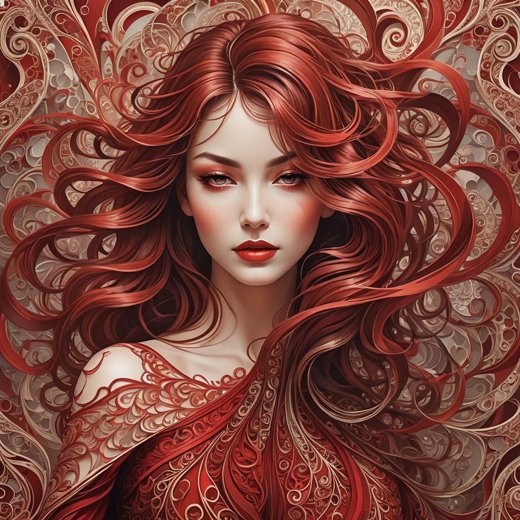 Elegant Red Woman Dancing with Abstract Fractal Hair