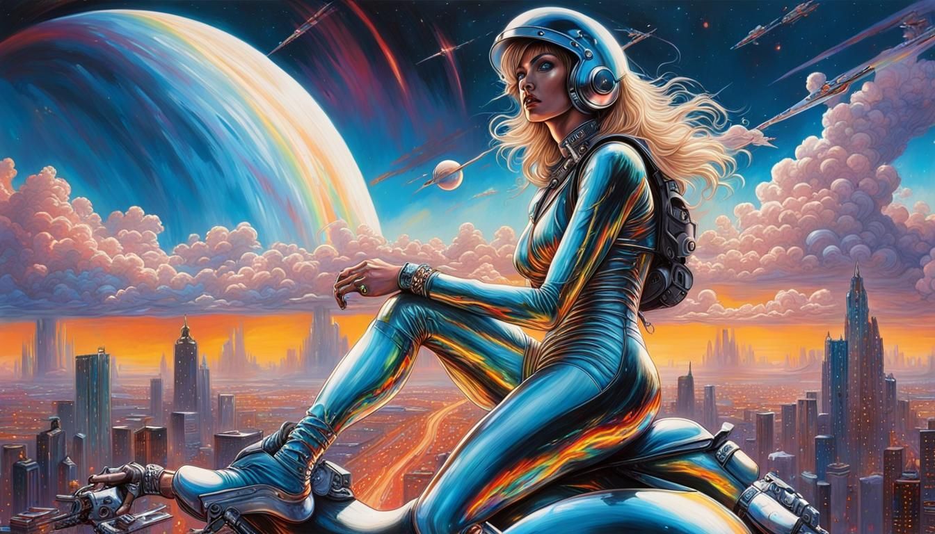 Chrome Space Girl Dragon Rider in Cyberpunk Futurism