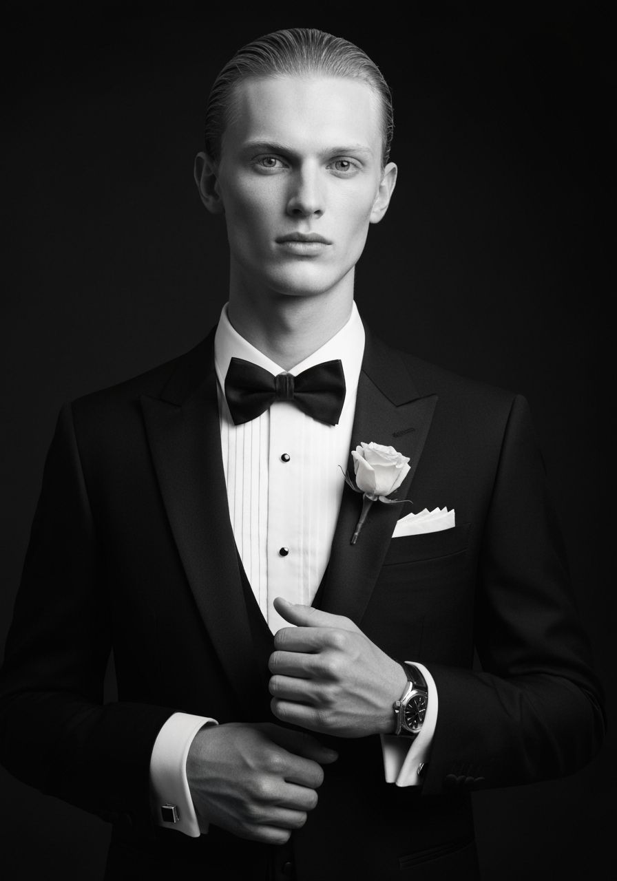 Elegant Male Model in Tuxedo: A Cinematic Portrait