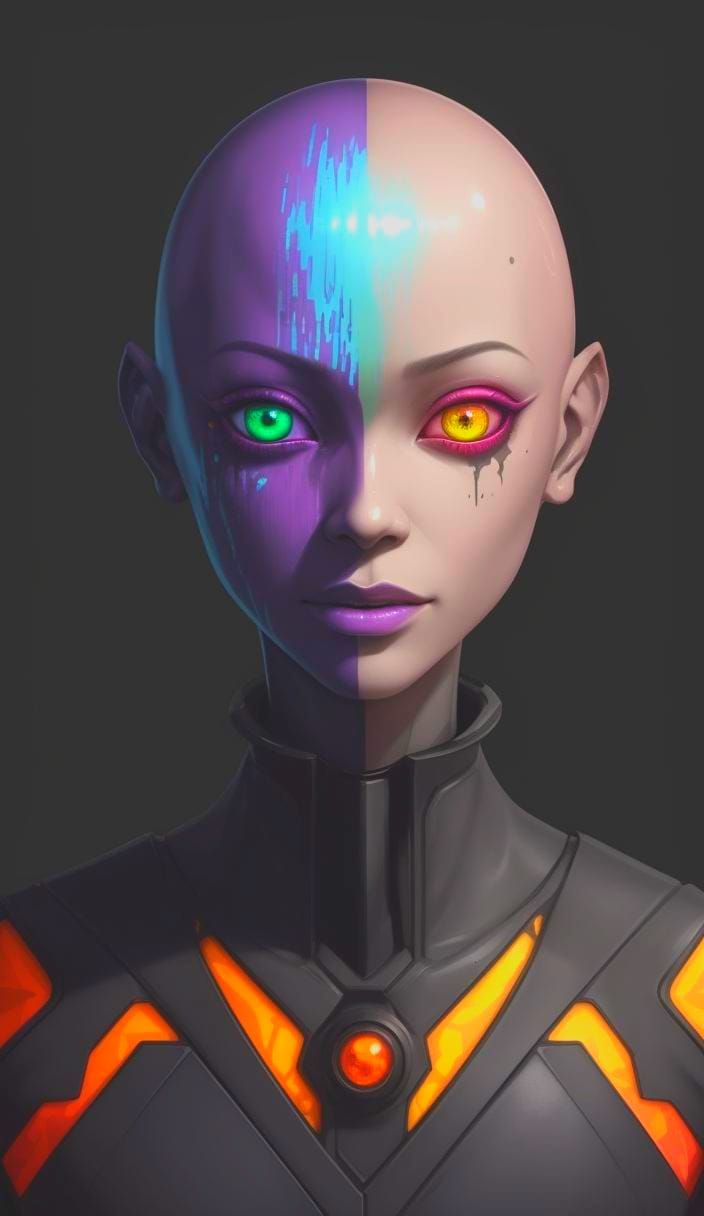 Glitch Art Portrait: Smiling Bald Humanoid with Iridescent S...