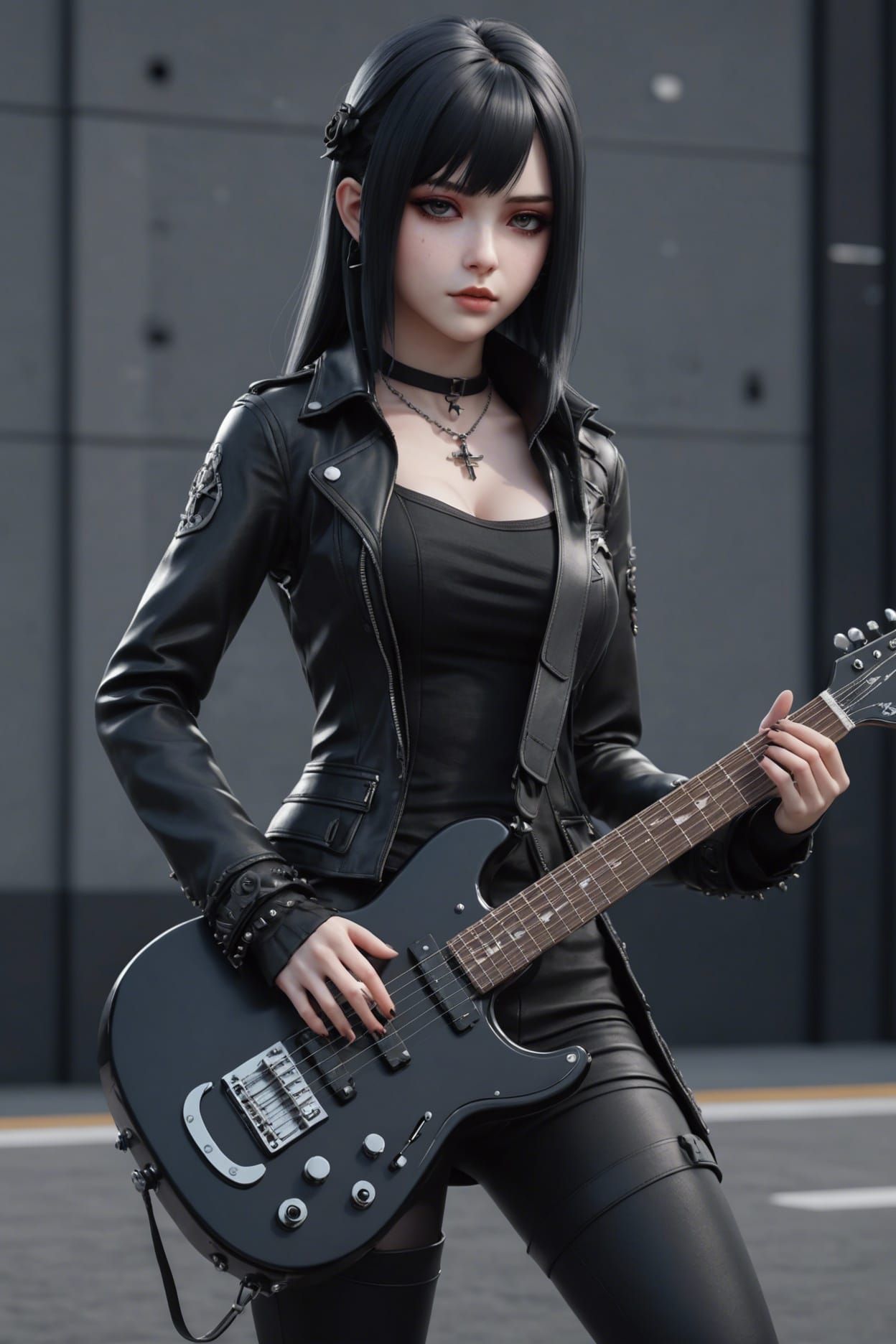 Curvy Goth Girl with Guitar in Anime Style