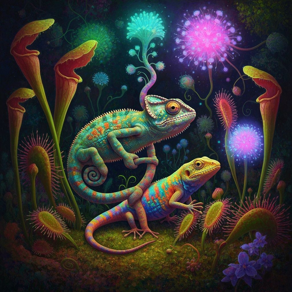 Surreal Oil Painting of Chameleon and Lizard Amongst Psyched...