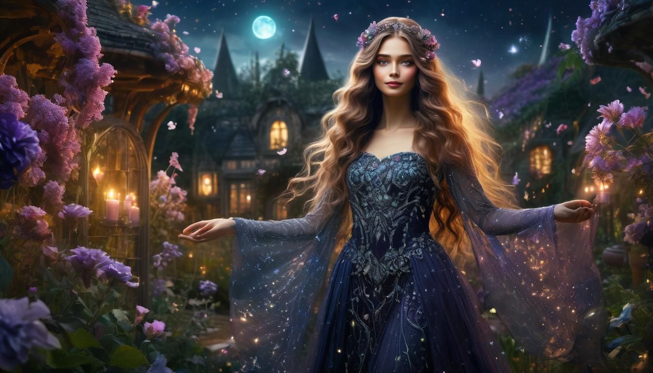 Hazel-Eyed Witch in Magical Flower Garden