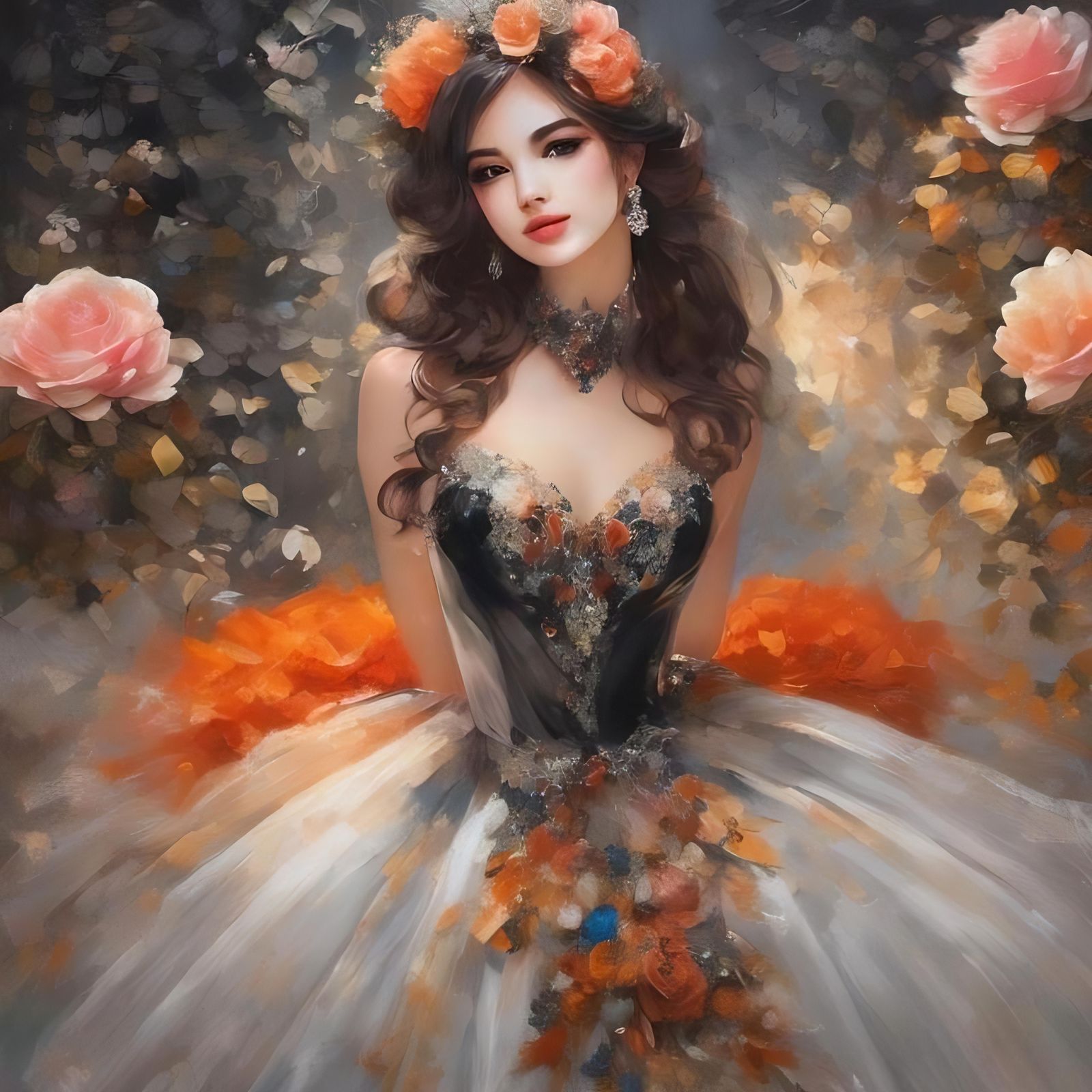 Noir Portrait of Woman with Mirror, Oil Painting Style