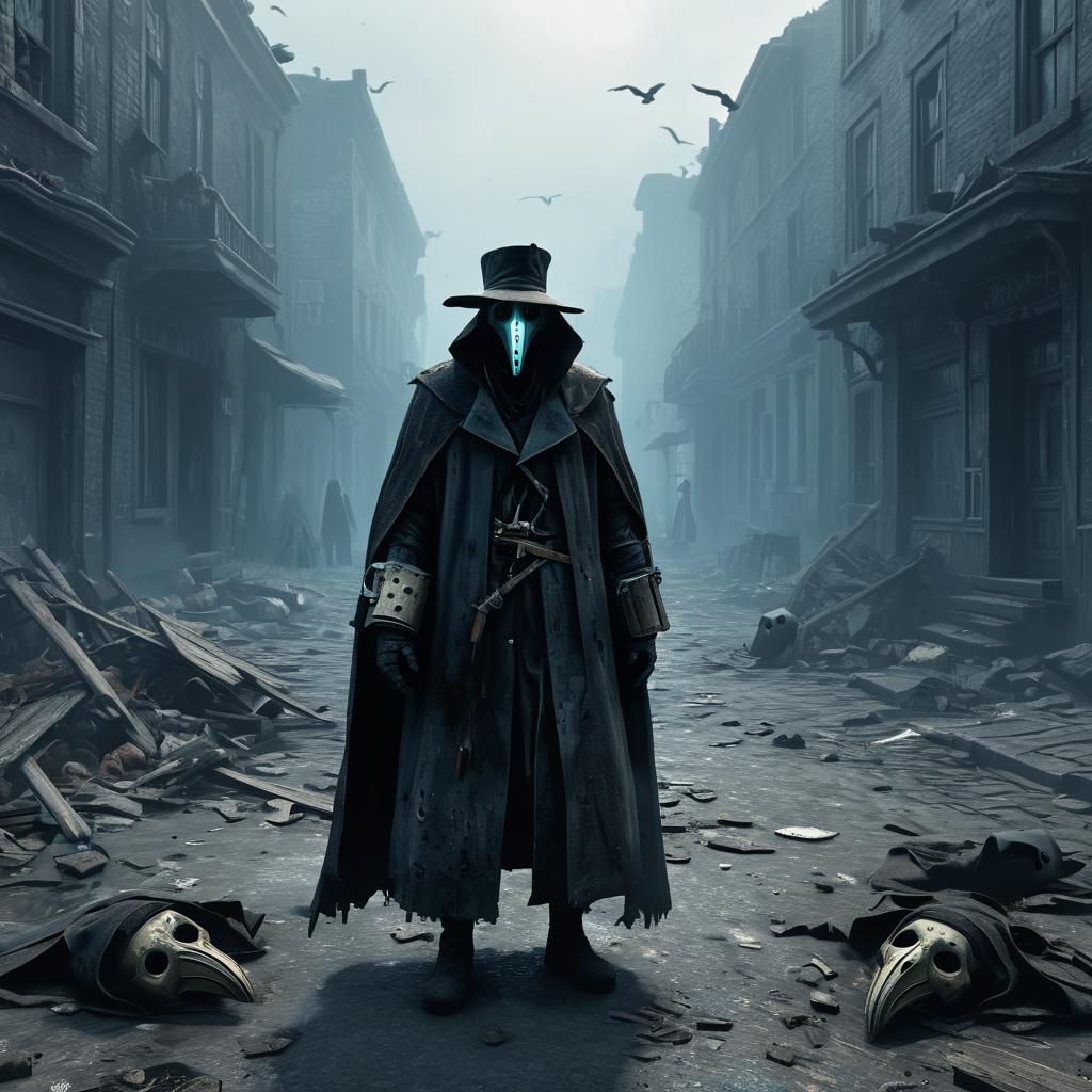 Plague Doctor in Apocalyptic Cityscape