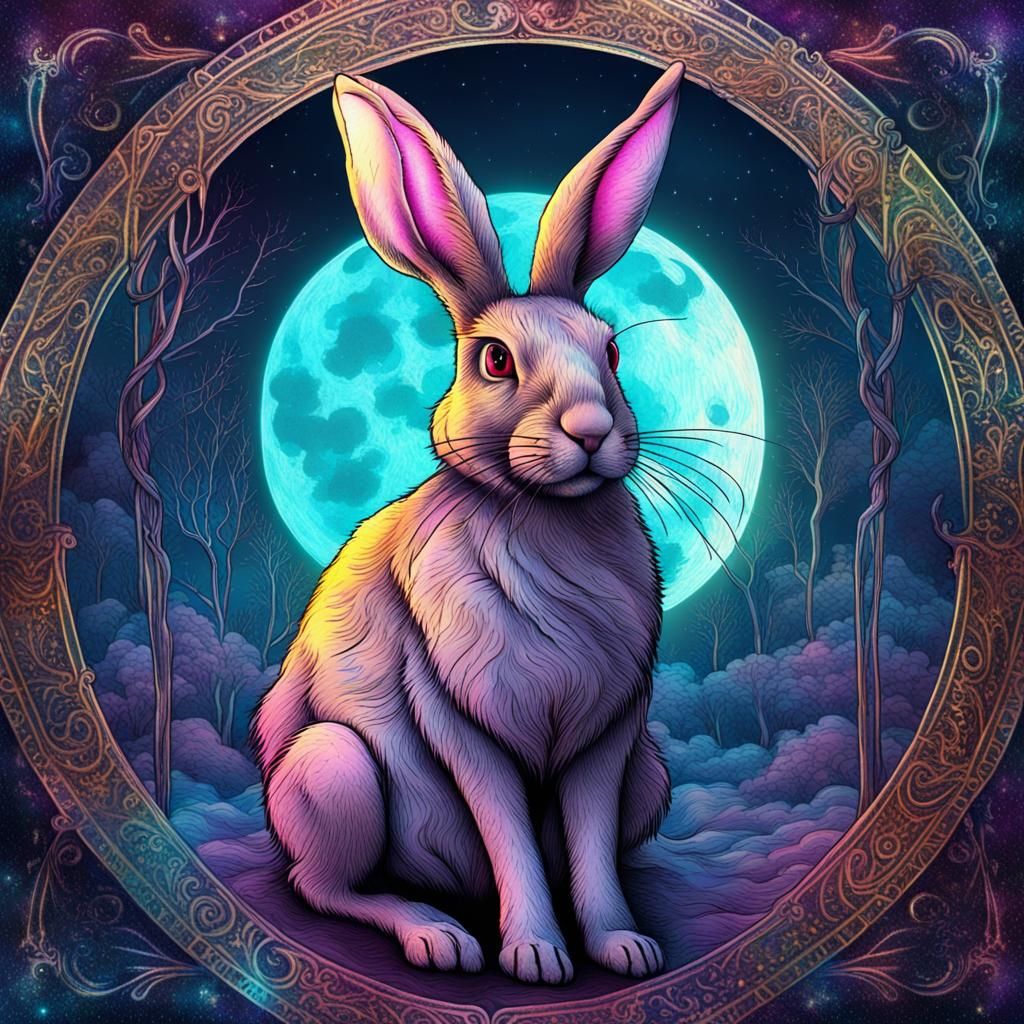 Gothic Rabbit in Moonlight: Holographic Illustration