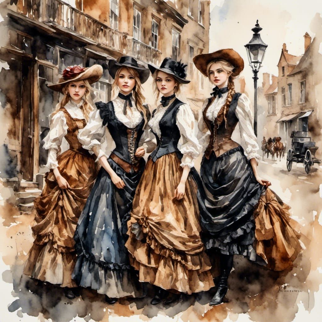 Victorian Women in Wild West Watercolor