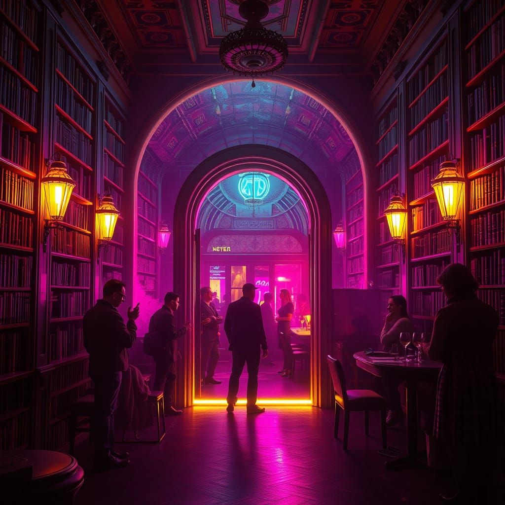 Cyberpunk Speakeasy Hidden Entrance in Art Nouveau Style