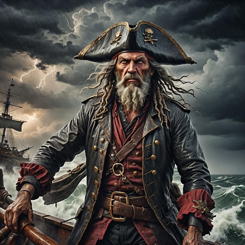Fearsome Pirate Captain in Stormy Seas, Oil Painting