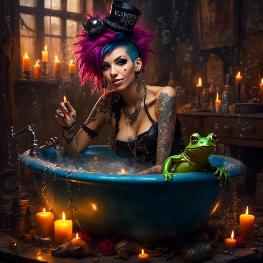 Punk Witch and Frog Cauldron in Digital Art