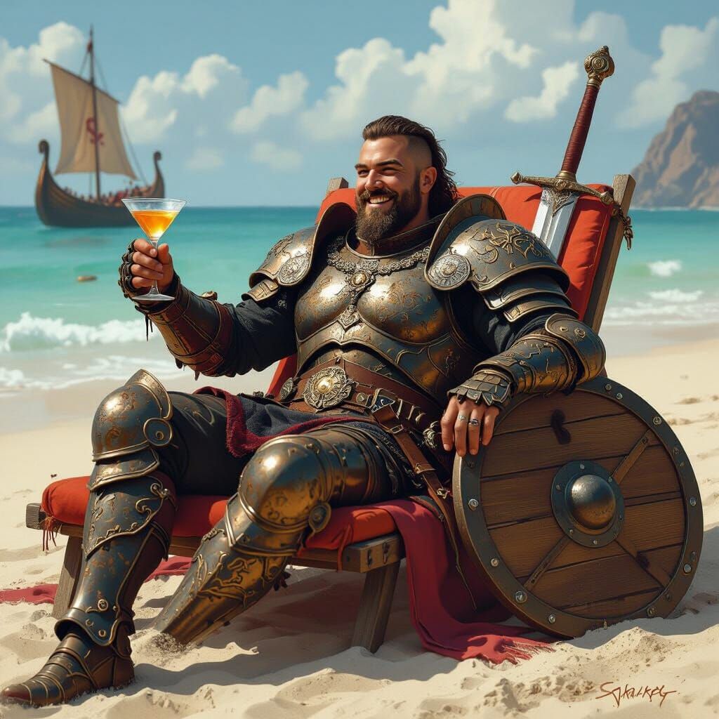 Gothic Warrior Relaxing on Beach, Digital Art