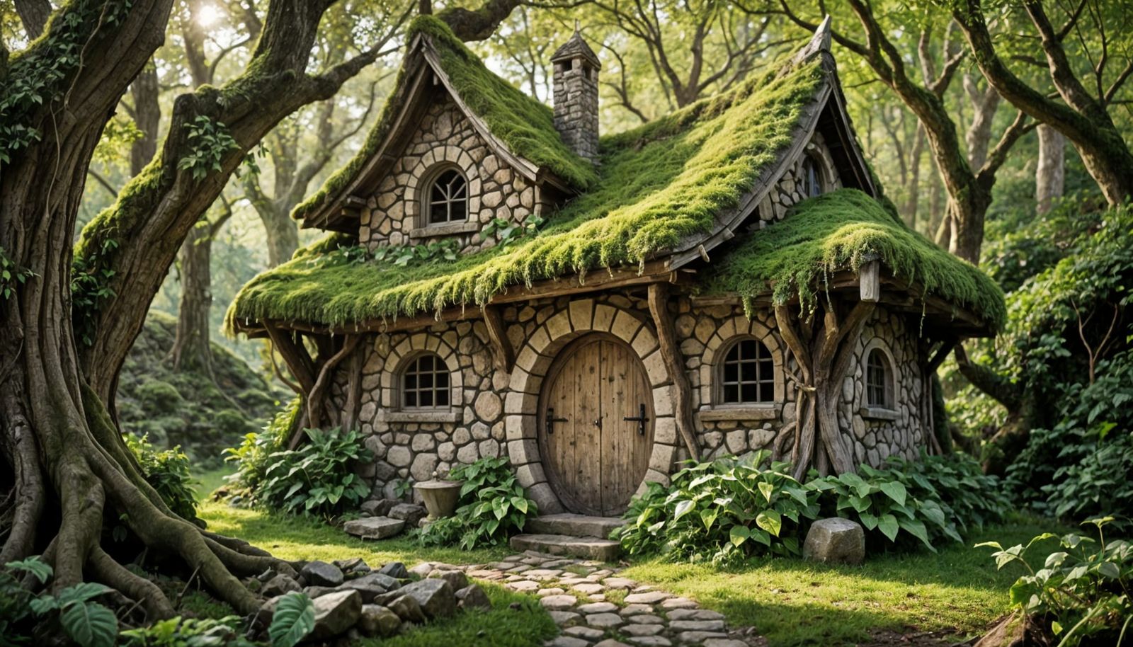 Rustic Woodland Cottage with Curved Roof and Tower