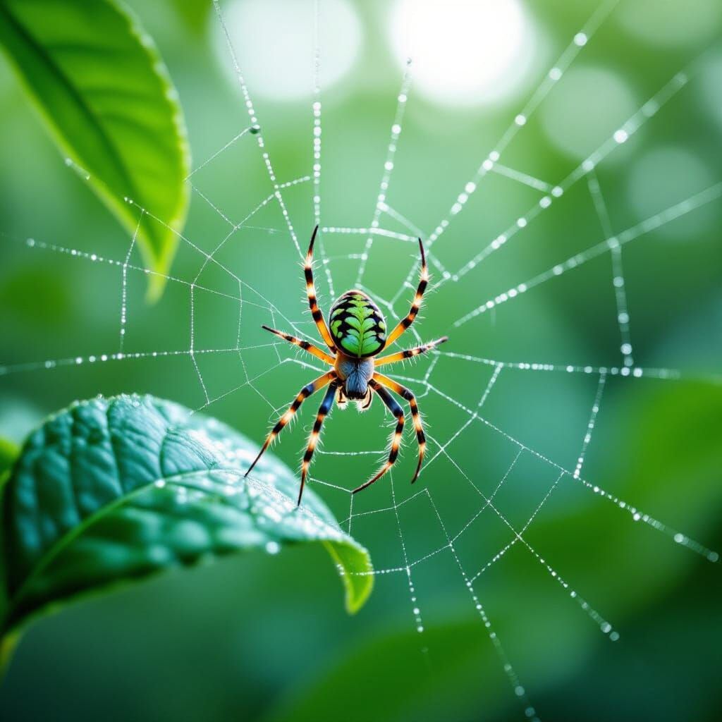 Spider on Web Glistening with Raindrops in Macro Photography