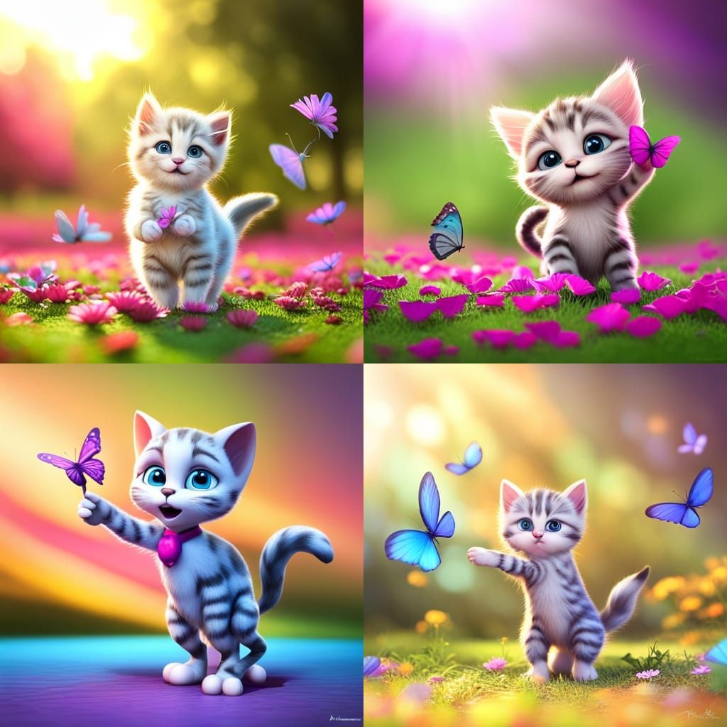 Adorable Kitten with Butterflies in 3D Style