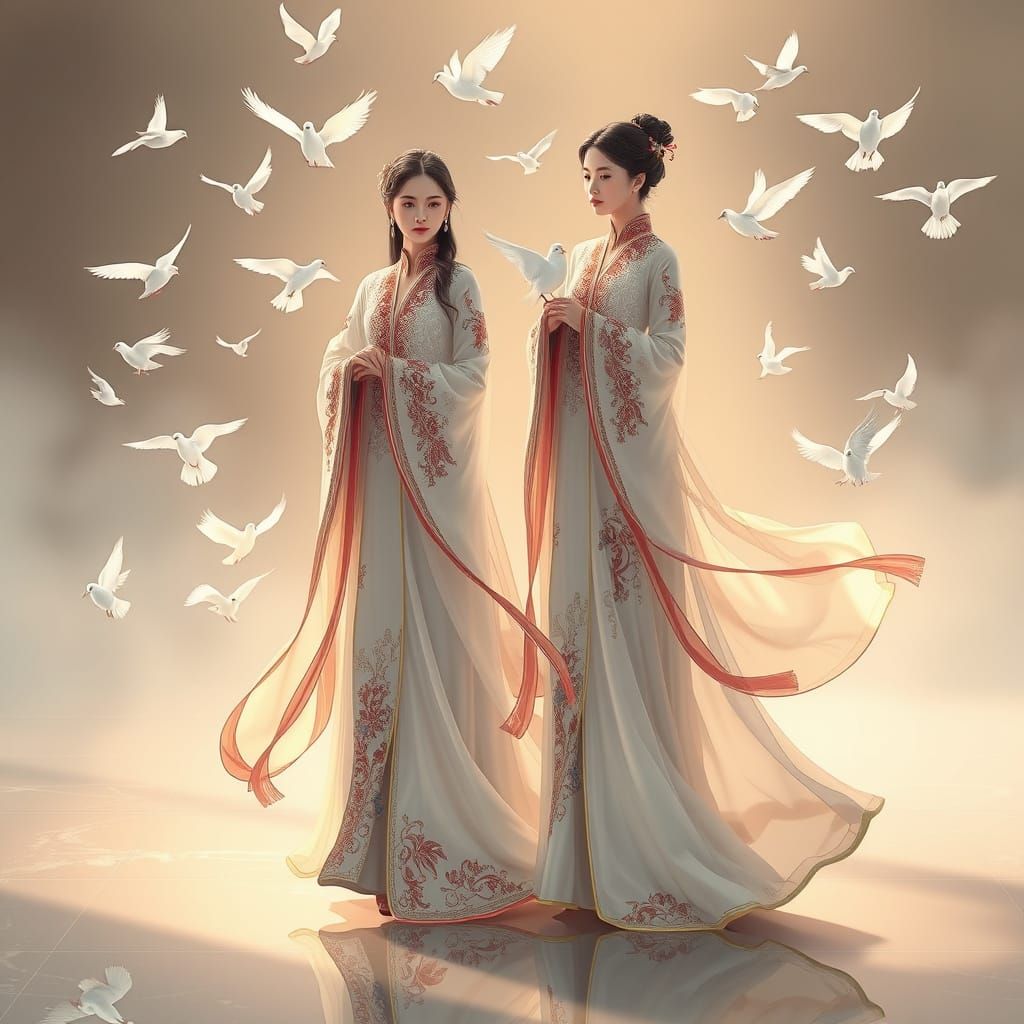 Elegant Chinese Women with Doves, Digital Painting