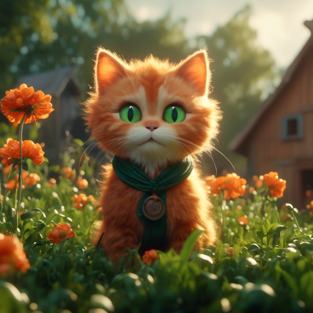 Orange Cat with Green Eyes on Farm, Digital Art