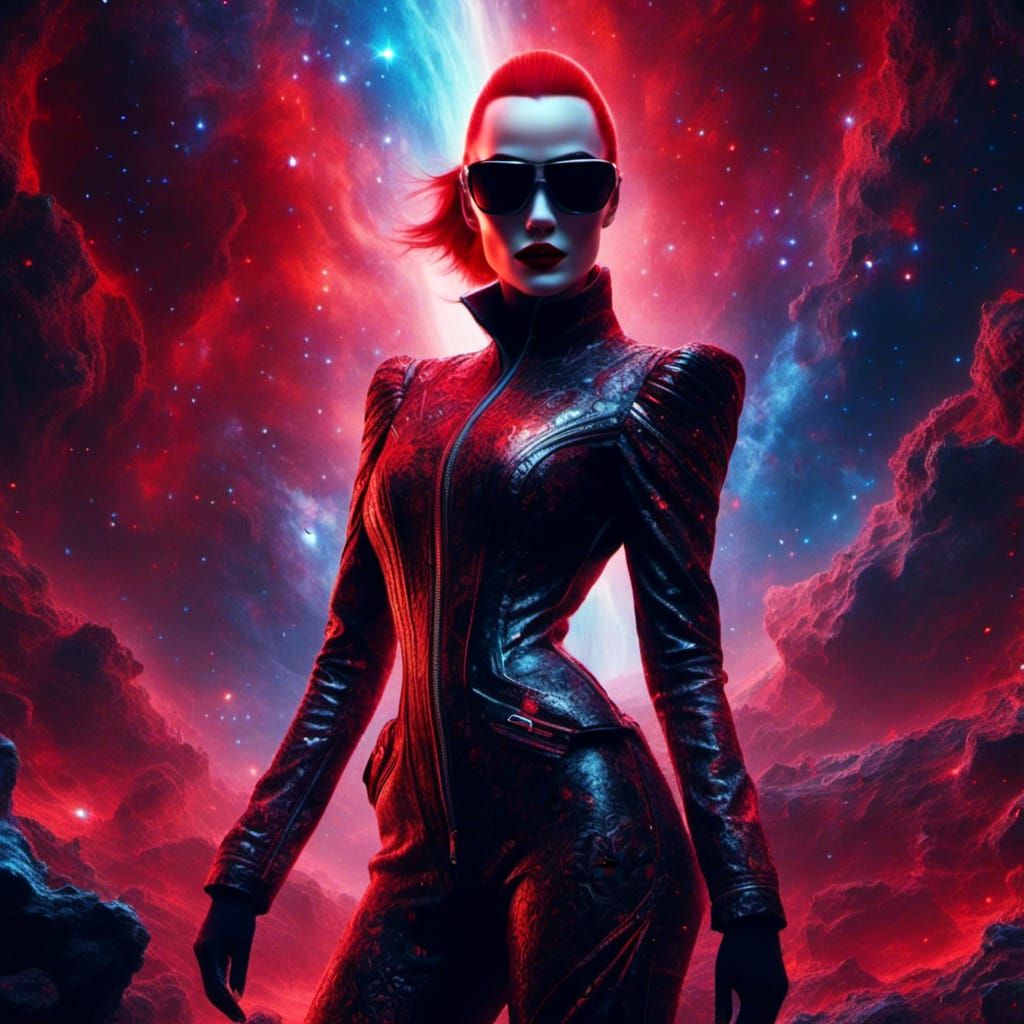 Futuristic Woman in Red Leather Jumpsuit