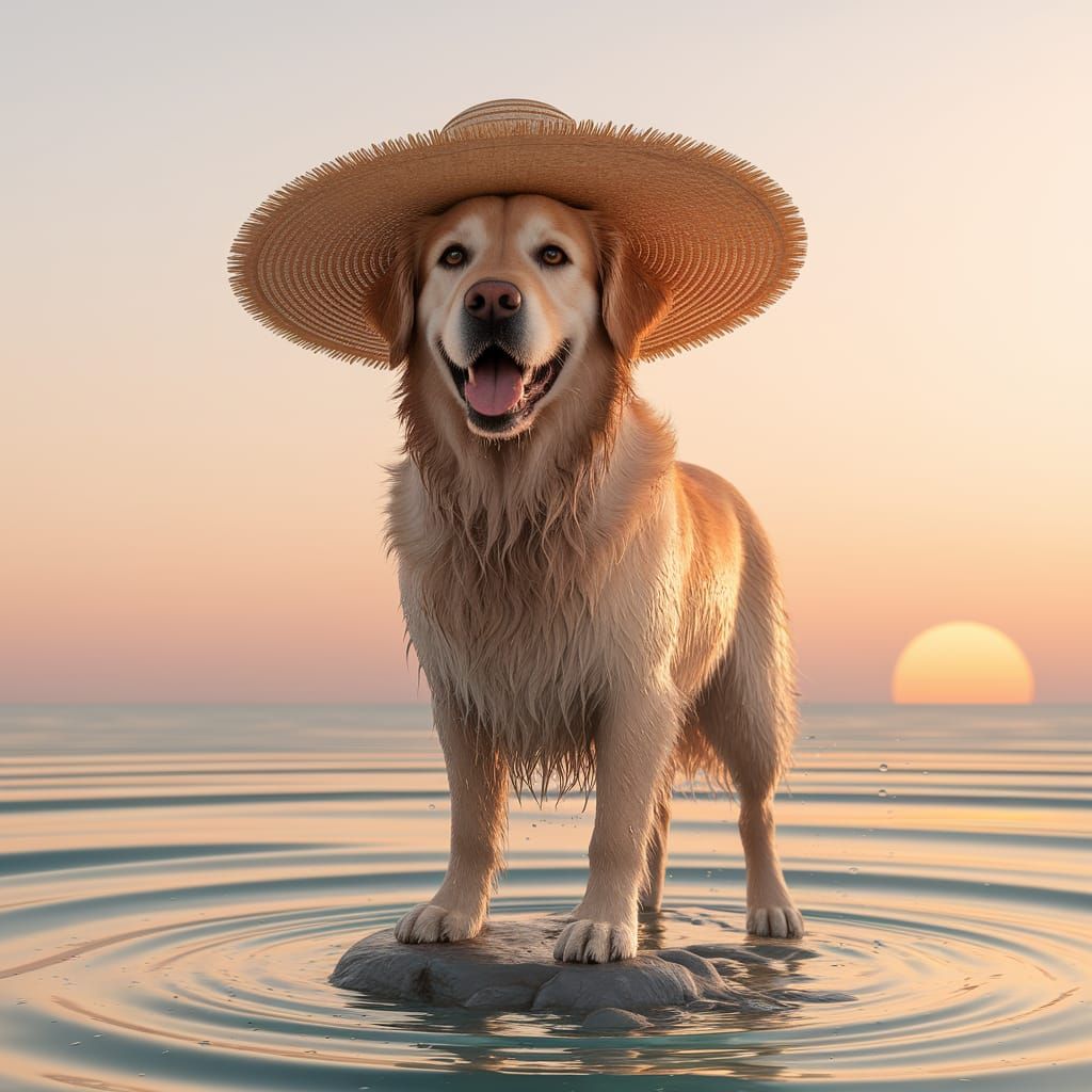 Golden Retriever in Straw Hat at Sunset