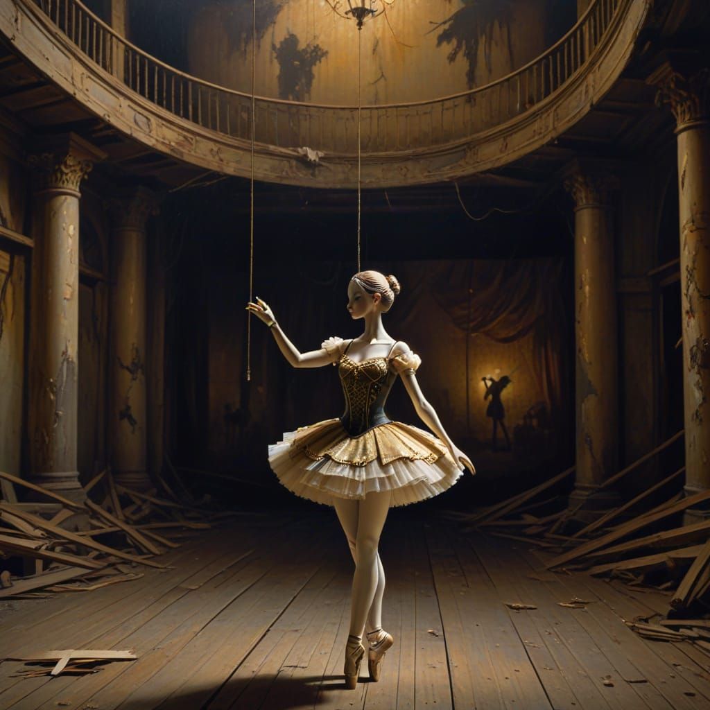 Eerie Ballerina Marionette in Abandoned Opera House