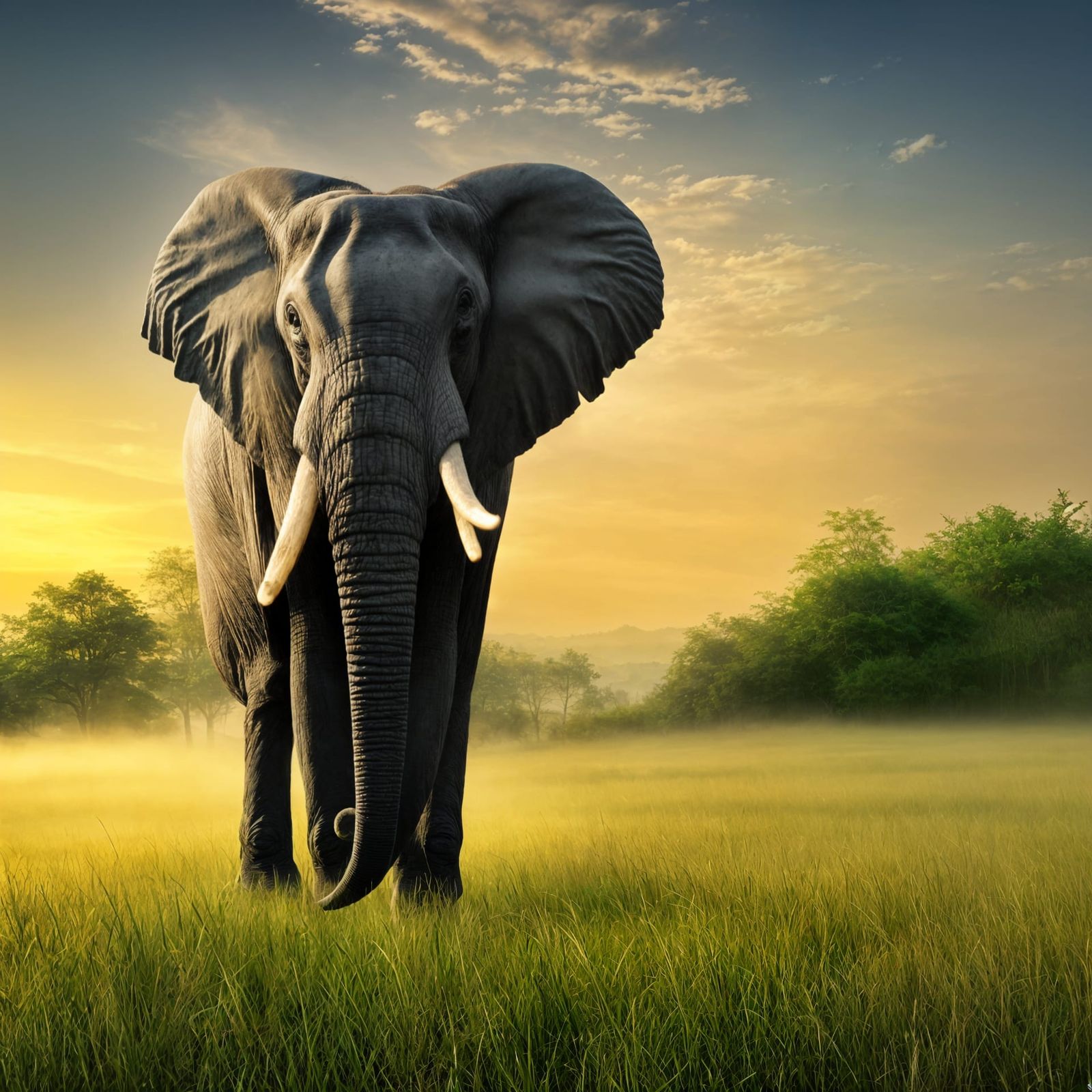 Elephant in Grassy Field at Sunset