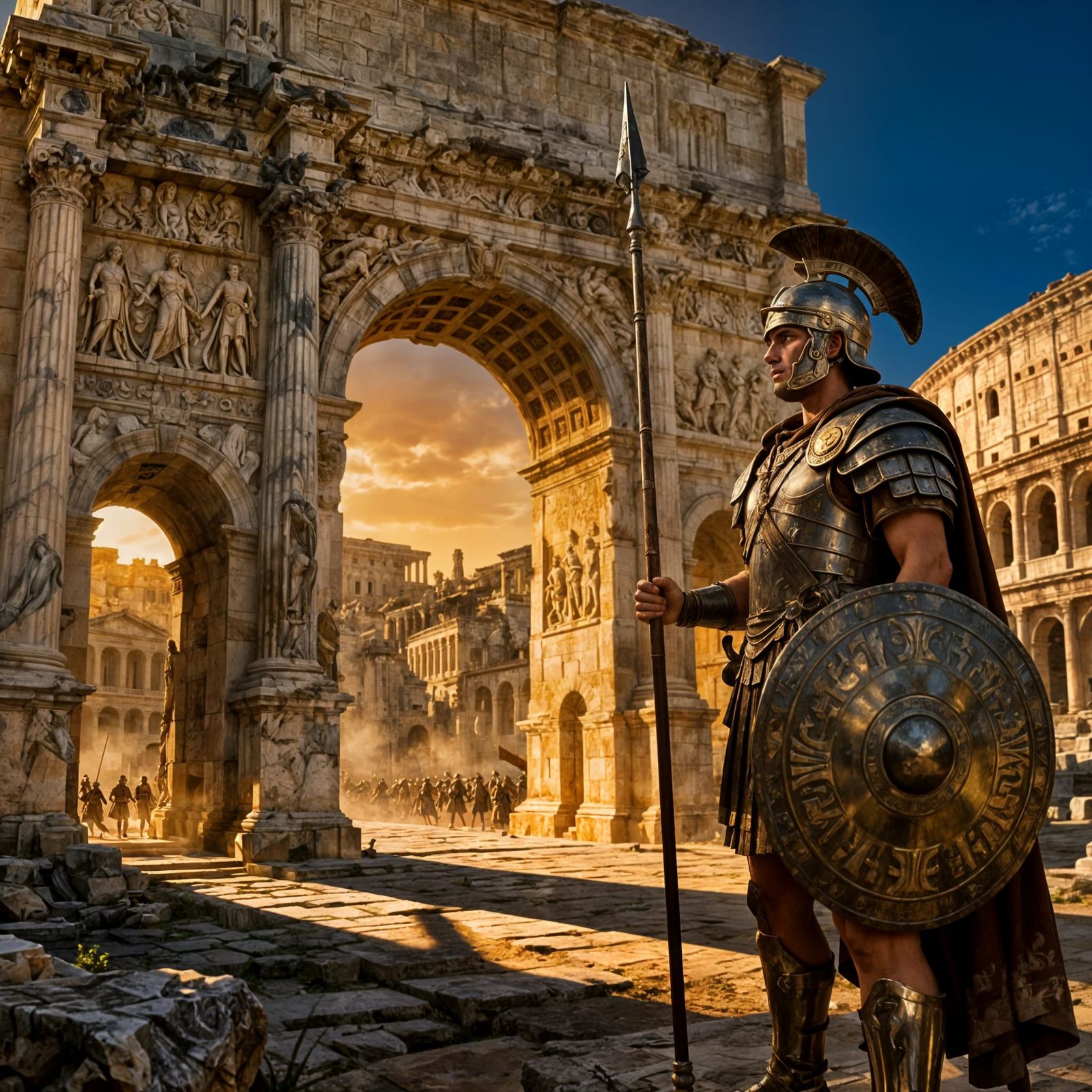 Roman Legionary Guards Ancient City Gates at Sunset