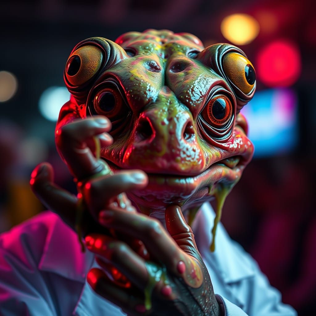 Grotesque Creature Emerges from Lab Coat, Glowing Neon Skin ...