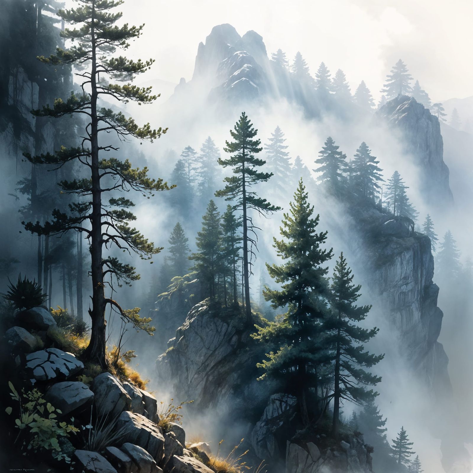 Misty Mountain Forest Sunrise with Ethereal Light
