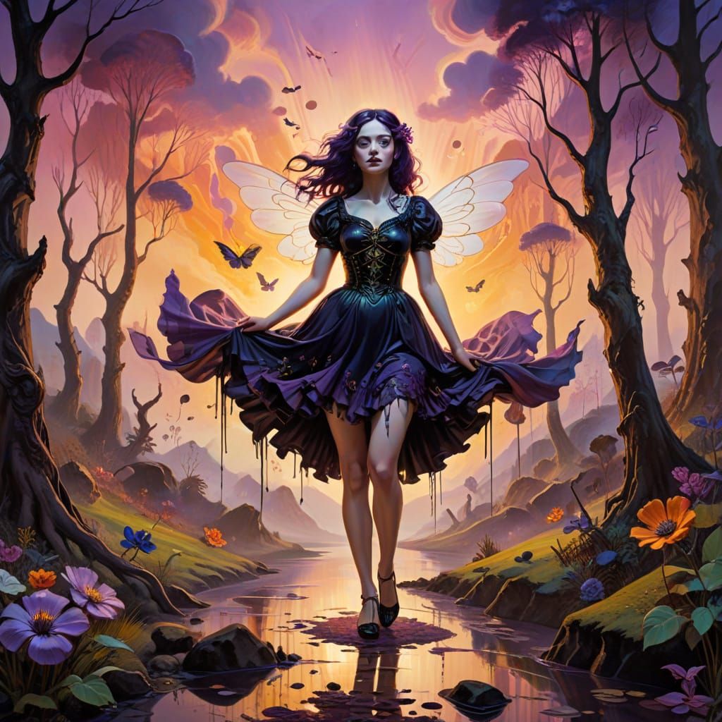 Gothic Angel in Surrealist Oil Drip Style