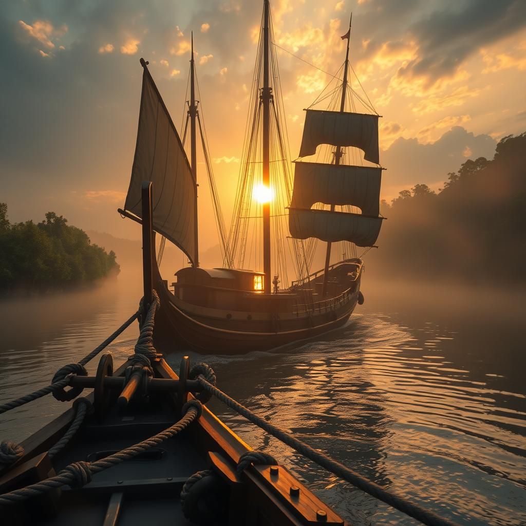 Golden Sunset Sailing Ship on River